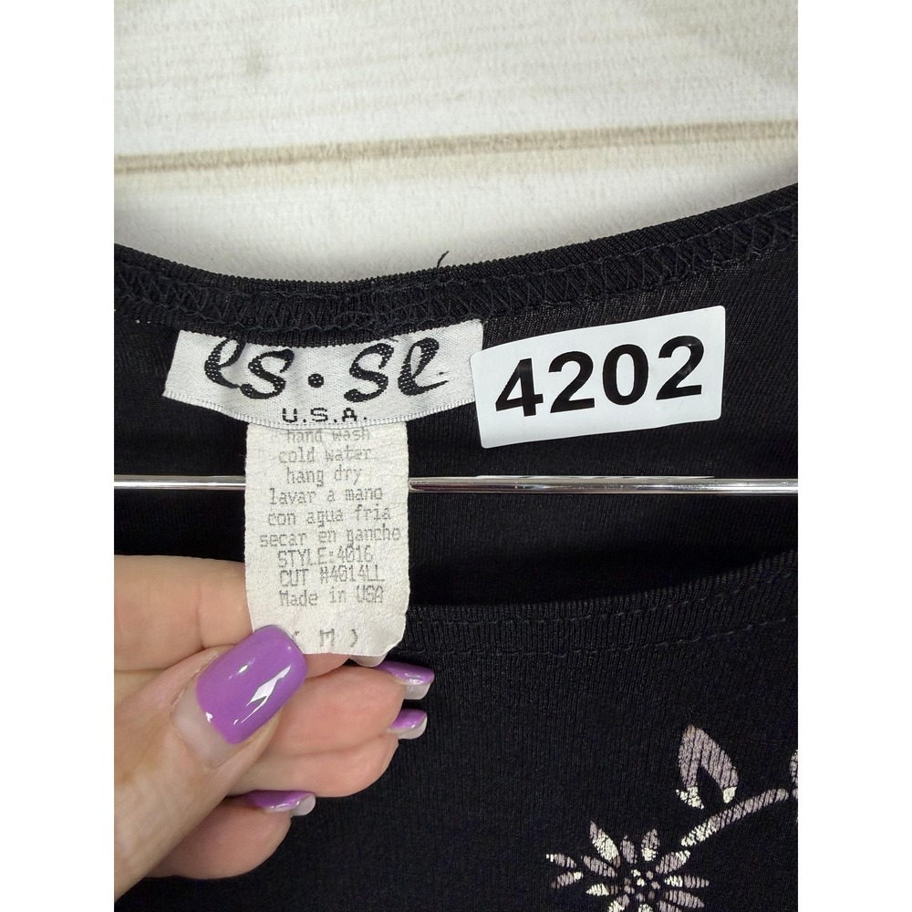 ES SL Top Skirt Set Womens Medium Black Floral Jersey 2 Piece Made USA - Picture 5 of 15